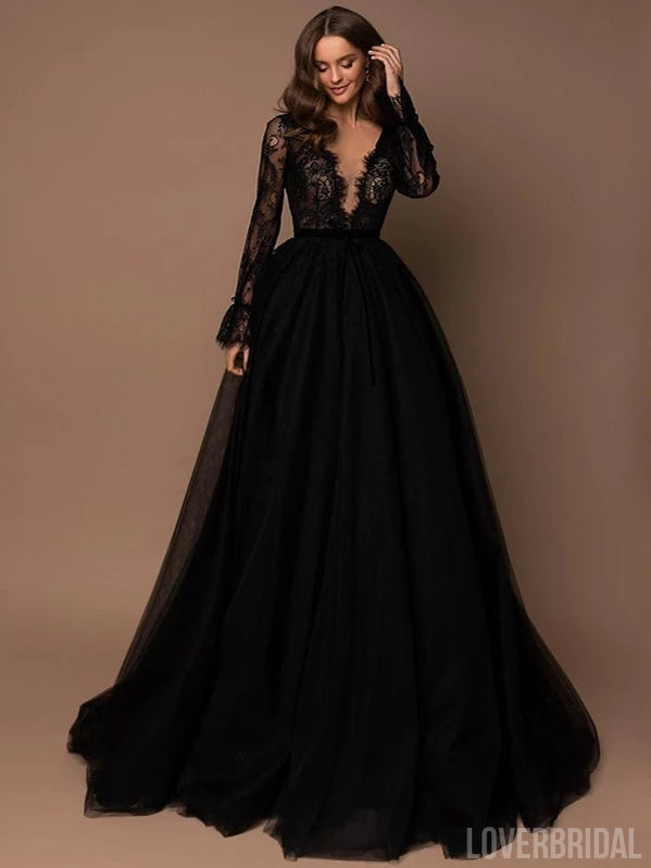 Sexy Black A-line Long Sleeves V-neck Cheap Long Prom Dresses Online,12603