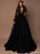 Sexy Black A-line Long Sleeves V-neck Cheap Long Prom Dresses Online,12603