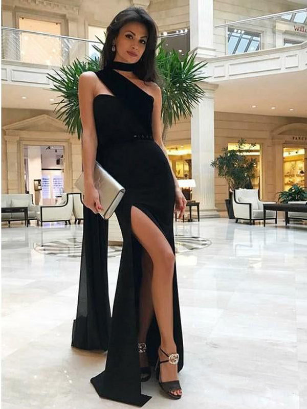 Sexy Black Mermaid High Slit Maxi Long Prom Dresses,Evening Dresses,12928