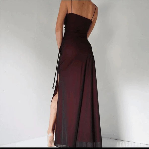 Sexy Black-Red High Slit Spaghetti Straps Cheap Maxi Long Prom Dresses,13035