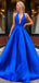 Sexy Blue A-line Halter V-neck Cheap Long Prom Dresses Online,12425