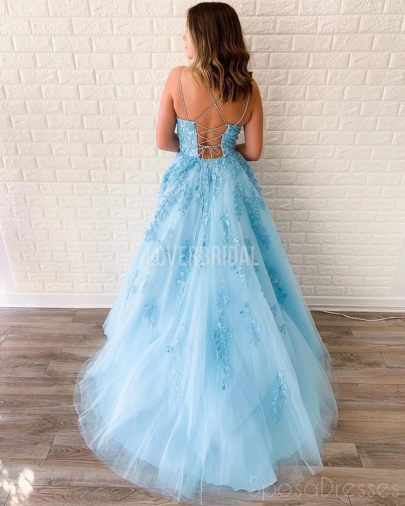 Sexy Blue Backless Spaghetti Straps Lace Evening Prom Dresses, Evening Party Prom Dresses, 12271