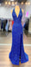 Sexy Blue Mermaid Halter Deep V-neck Long Prom Dresses Online,12868