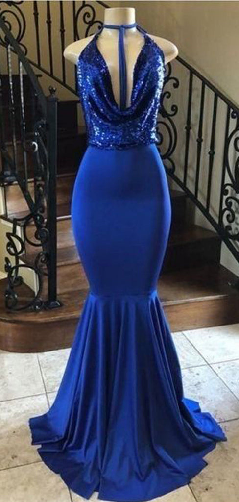Sexy Blue Mermaid Halter Sleeveless Long Prom Dresses Online,12867