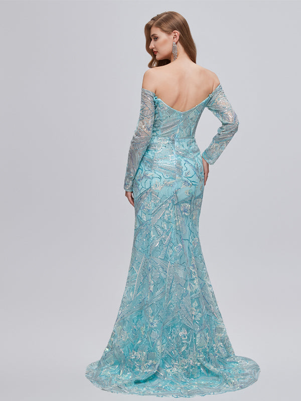 Sexy Blue Mermaid Long Sleeves Off Shoulder Cheap Prom Dresses,12794