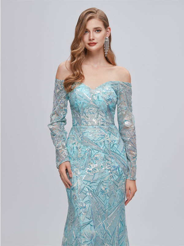 Sexy Blue Mermaid Long Sleeves Off Shoulder Cheap Prom Dresses,12794