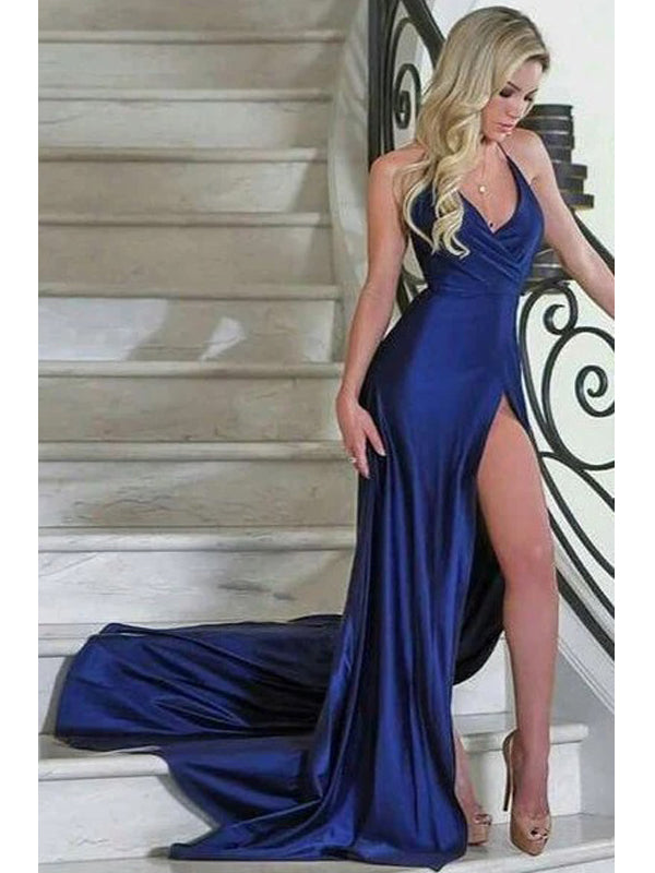 Sexy Blue Mermaid Spaghetti Straps V-neck High Slit Long Prom Dresses Online,12869