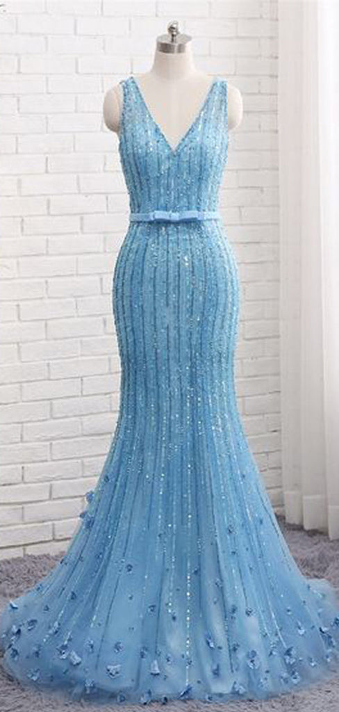 Sexy Blue Mermaid V-neck Maxi Long Prom Dresses,Evening Dresses,12923