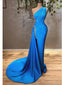 Sexy Blue Sheath One Shoulder High Slit Cheap Long Prom Dresses,12845