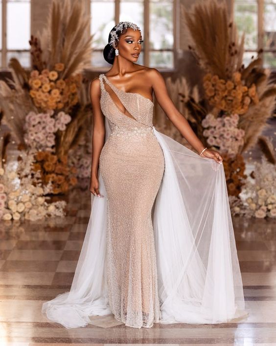 Sexy Champagne Mermaid One Shoulder Maxi Long Prom Dresses Online,13072