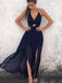 Sexy Cheap Backless Chiffon Halter Long Navy Blue Evening Prom Dresses, 17391