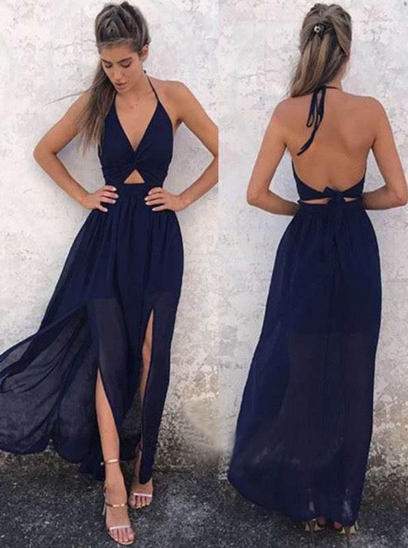 Sexy Cheap Backless Chiffon Halter Long Navy Blue Evening Prom Dresses, 17391