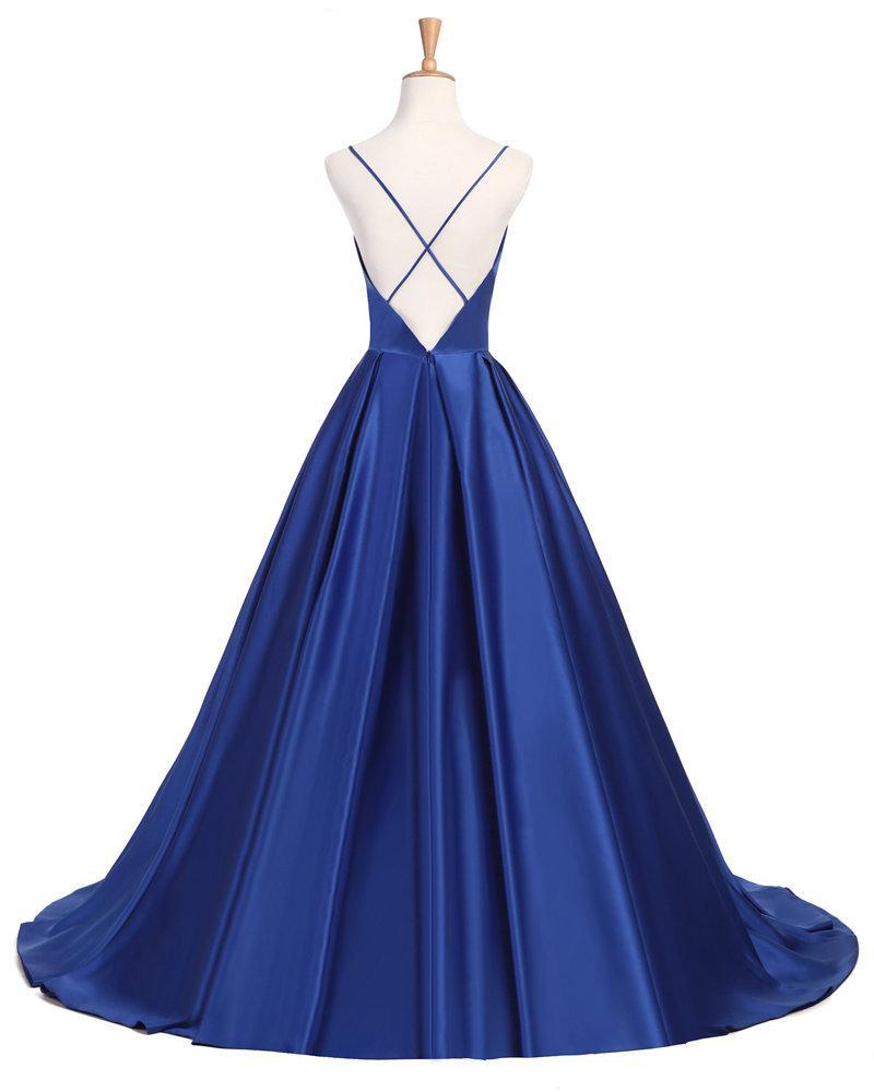 Sexy Cross Back Deep V Neckline A line Blue Long Evening Prom Dresses, Popular Cheap Long Party Prom Dresses, 17232