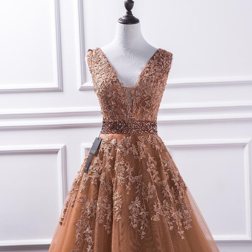 Sexy Deep V Neckline Brown A line Lace Long Evening Prom Dresses, Popular Cheap Long Party Prom Dresses, 17237