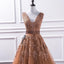 Sexy Deep V Neckline Brown A line Lace Long Evening Prom Dresses, Popular Cheap Long Party Prom Dresses, 17237