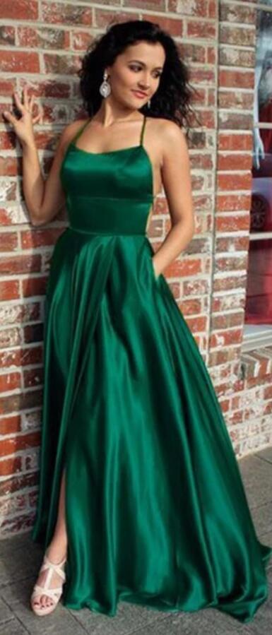 Sexy Emerald Green Halter Backless Side Slit Long Evening Prom Dresses, 17508