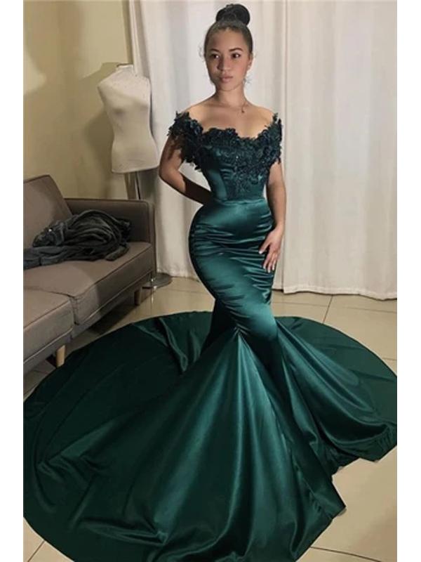 Sexy Emerald Green Mermaid Off Shoulder Long Prom Dresses Online,12544