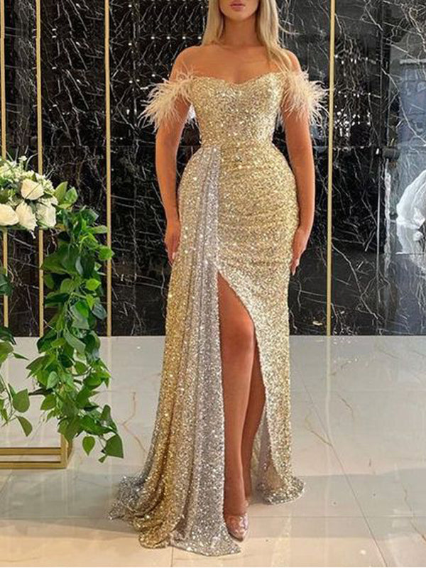 Sexy Gold Mermaid Off Shoulder Side Slit Maxi Long Prom Dresses,Evening Dresses,12949