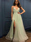 Sexy Green A-line Spaghetti Straps V-neck High Slit Long Prom Dresses,12911