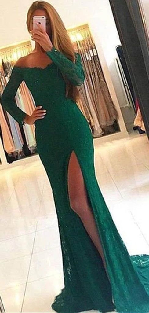 Sexy Green Mermaid Long Sleeves High Slit Cheap Prom Dresses Online,12504