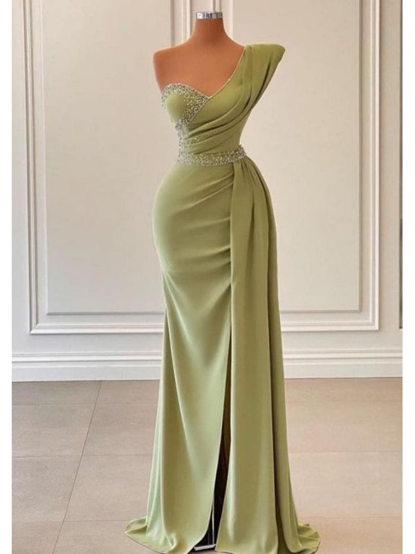 Sexy Green Mermaid One Shoulder Long Prom Dresses Online,12834
