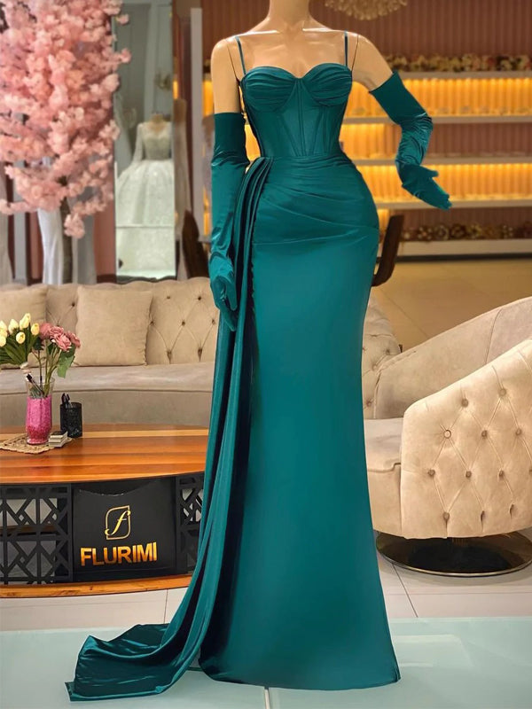 Sexy Green Mermaid Spaghetti Straps Cheap Long Prom Dresses,12879