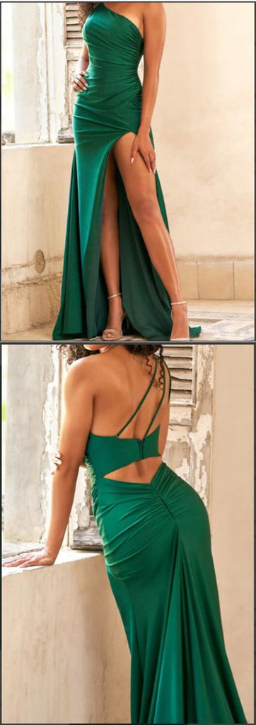 Sexy Green Sheath One Shoulder High Slit Cheap Long Prom Dresses,12846