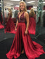 Sexy Halter Backless Side Silt Burgundy V Neck A line Long Custom Evening Prom Dresses, 17434