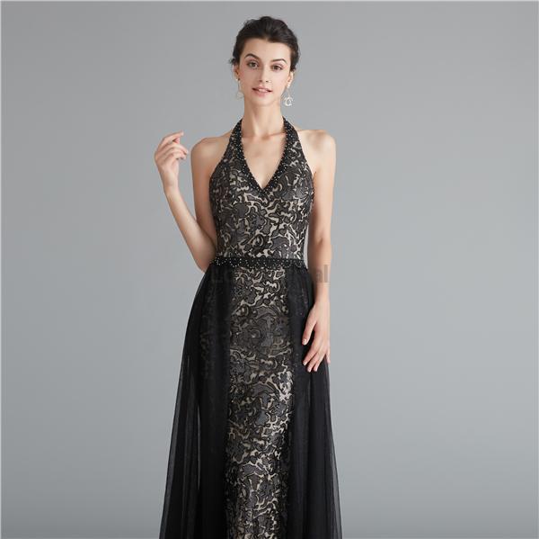 Sexy Halter Black Mermaid Lace Evening Prom Dresses, Evening Party Prom Dresses, 12124