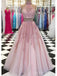 Sexy Halter Two Pieces Pink Lace Long Evening Prom Dresses, Cheap Custom Sweet 16 Dresses, 18538