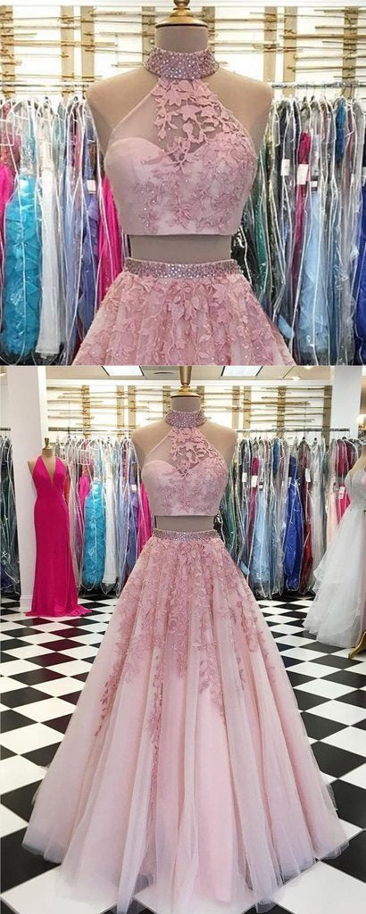 Sexy Halter Two Pieces Pink Lace Long Evening Prom Dresses, Cheap Custom Sweet 16 Dresses, 18538