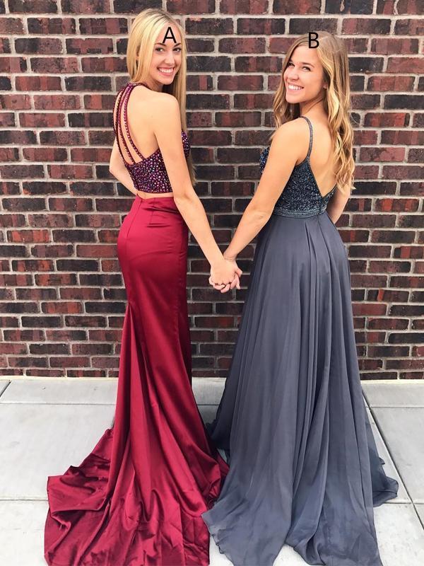 Sexy Halter Two Pieces Red Beaded Long Evening Prom Dresses, 17566