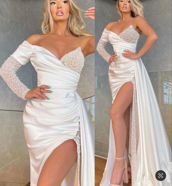 Sexy Ivory Mermaid Long Sleeves High Slit One Shoulder Prom Dresses,12856