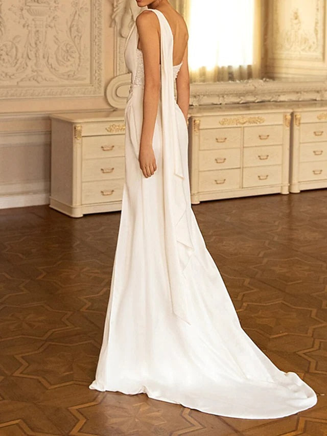 Sexy Ivory Sheath One Shoulder High Slit Cheap Long Prom Dresses,12809