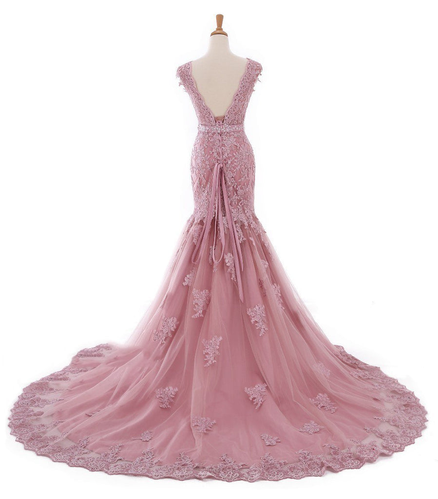 Sexy Lace Mermaid V Neckline Dusty Pink Long Evening Prom Dresses, Popular Cheap Long 2022 Party Prom Dresses, 17226