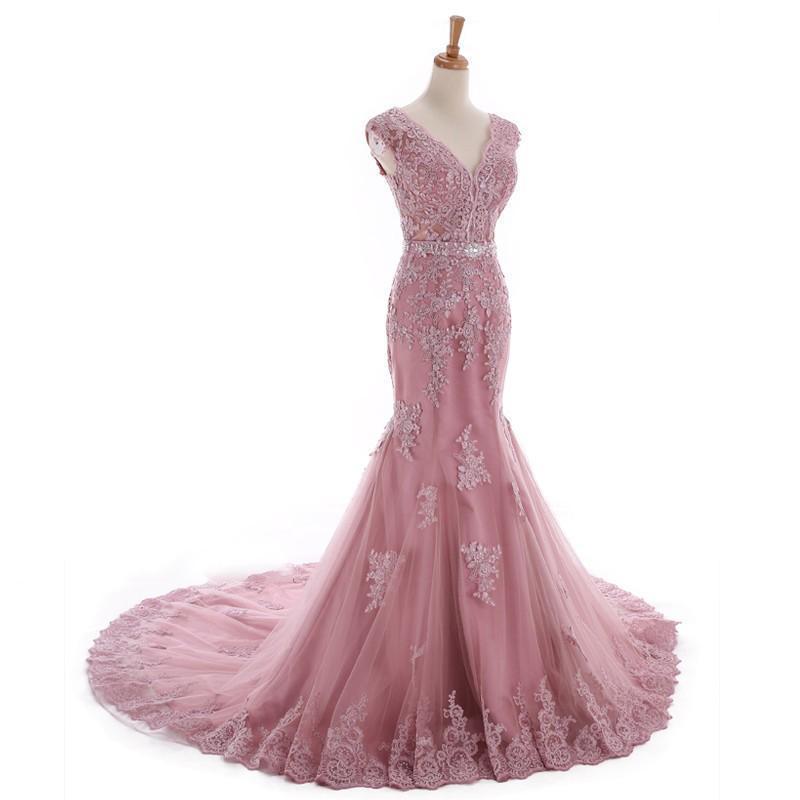 Sexy Lace Mermaid V Neckline Dusty Pink Long Evening Prom Dresses, Popular Cheap Long 2022 Party Prom Dresses, 17226