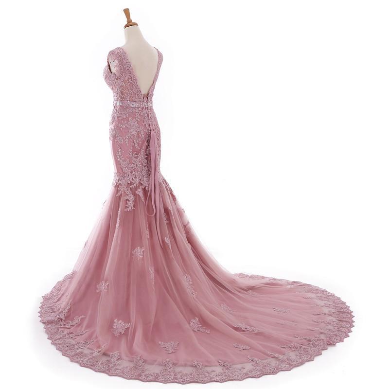Sexy Lace Mermaid V Neckline Dusty Pink Long Evening Prom Dresses, Popular Cheap Long 2022 Party Prom Dresses, 17226