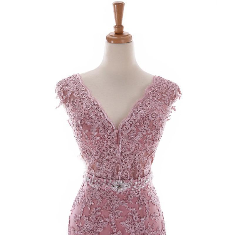 Sexy Lace Mermaid V Neckline Dusty Pink Long Evening Prom Dresses, Popular Cheap Long 2022 Party Prom Dresses, 17226