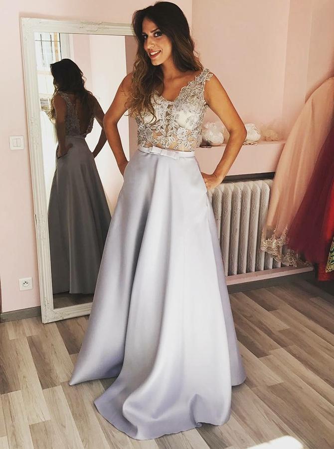 Sexy Lace See Through Grey A-line Long Evening Prom Dresses, Sparkly Sweet 16 Dresses, 18337