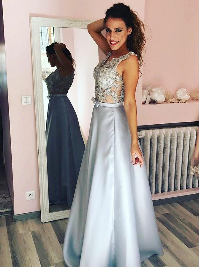 Sexy Lace See Through Grey A-line Long Evening Prom Dresses, Sparkly Sweet 16 Dresses, 18337