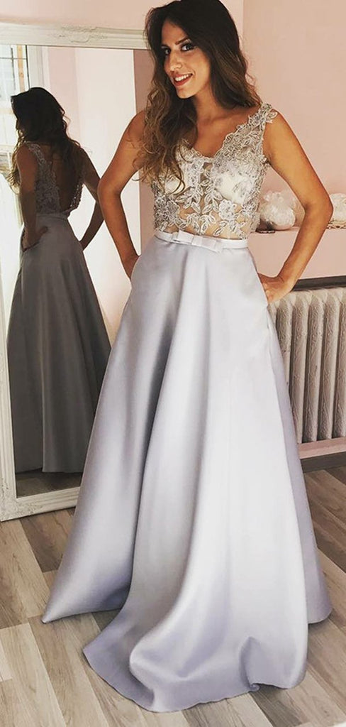 Sexy Lace See Through Grey A-line Long Evening Prom Dresses, Sparkly Sweet 16 Dresses, 18337