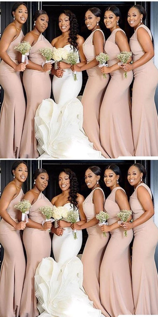 Sexy Light Pink Mermaid One Shoulder Cheap Maxi Long Bridesmaid Dresses,WG1494