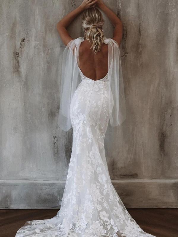 Sexy Long Mermaid Sleeveless V-neck Handmade Lace Wedding Dresses,WD770