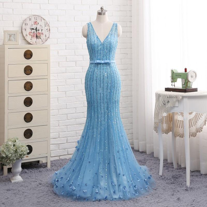 Sexy Low Back Blue V Neckline Heavily Beaded Luxuries Mermaid Evening Prom Dresses, Popular Unique Party Prom Dress, Custom Long Prom Dresses, Cheap Formal Prom Dresses, 18003