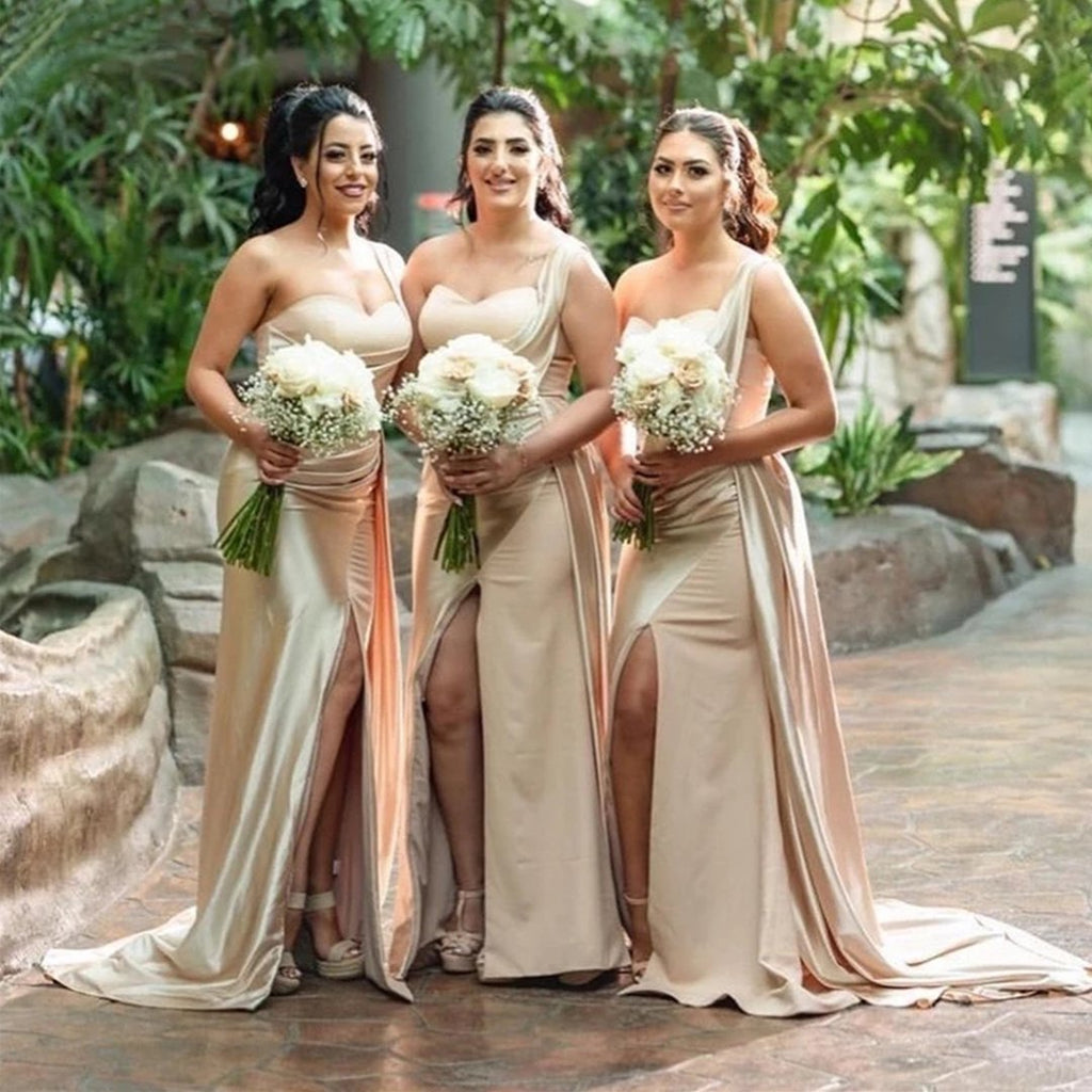 Sexy Mermaid Champagne One Shoulder High Slit Long Bridesmaid Dresses Gown Online,WG933