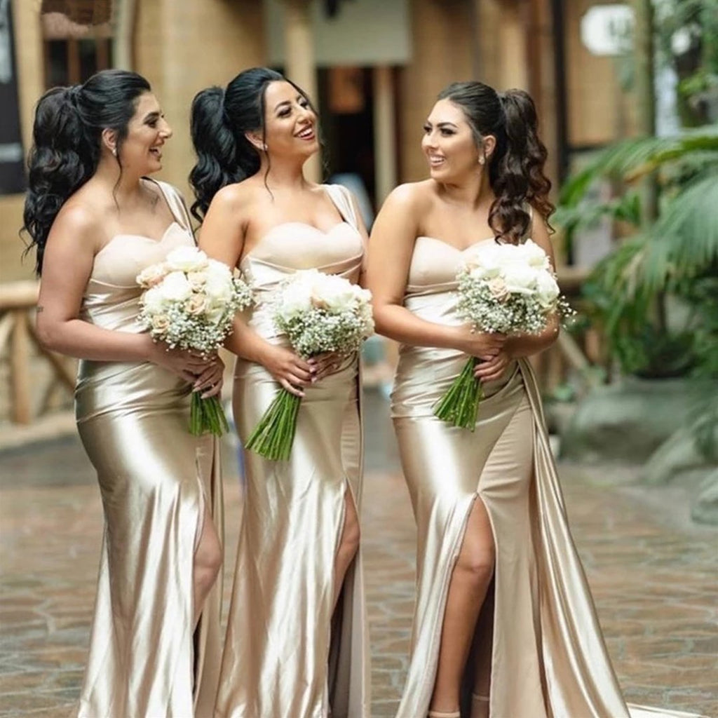 Sexy Mermaid Champagne One Shoulder High Slit Long Bridesmaid Dresses Gown Online,WG933