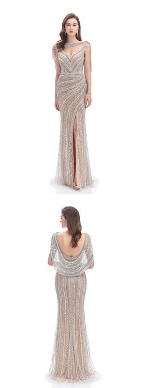 Sexy Mermaid Champagne V-neck High Slit Long Prom Dresses Online,12592