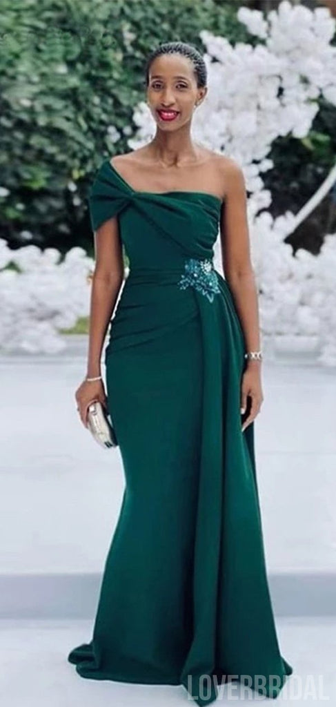 Sexy Mermaid Dark Green One Shoulder Pleats Long Bridesmaid Dresses Gown Online, WG871