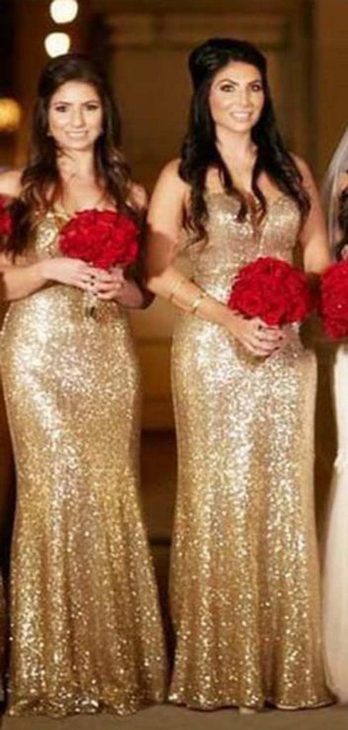 Sexy Mermaid Gold Sweetheart Sleeveless Cheap Long Bridesmaid Dresses Gown, WG859