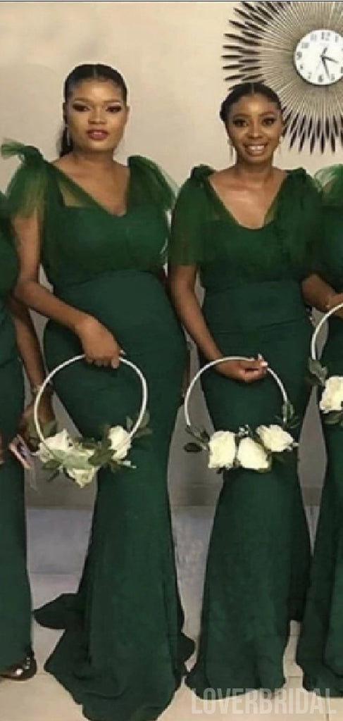 Sexy Mermaid Hunter Green Sleeveless V-neck Long Maid Of Honor Dress Gown, WG885